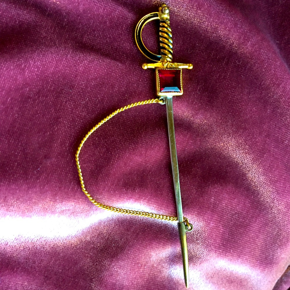 Antique Gold, Silver&Raspberry Gemstone Sword Pin